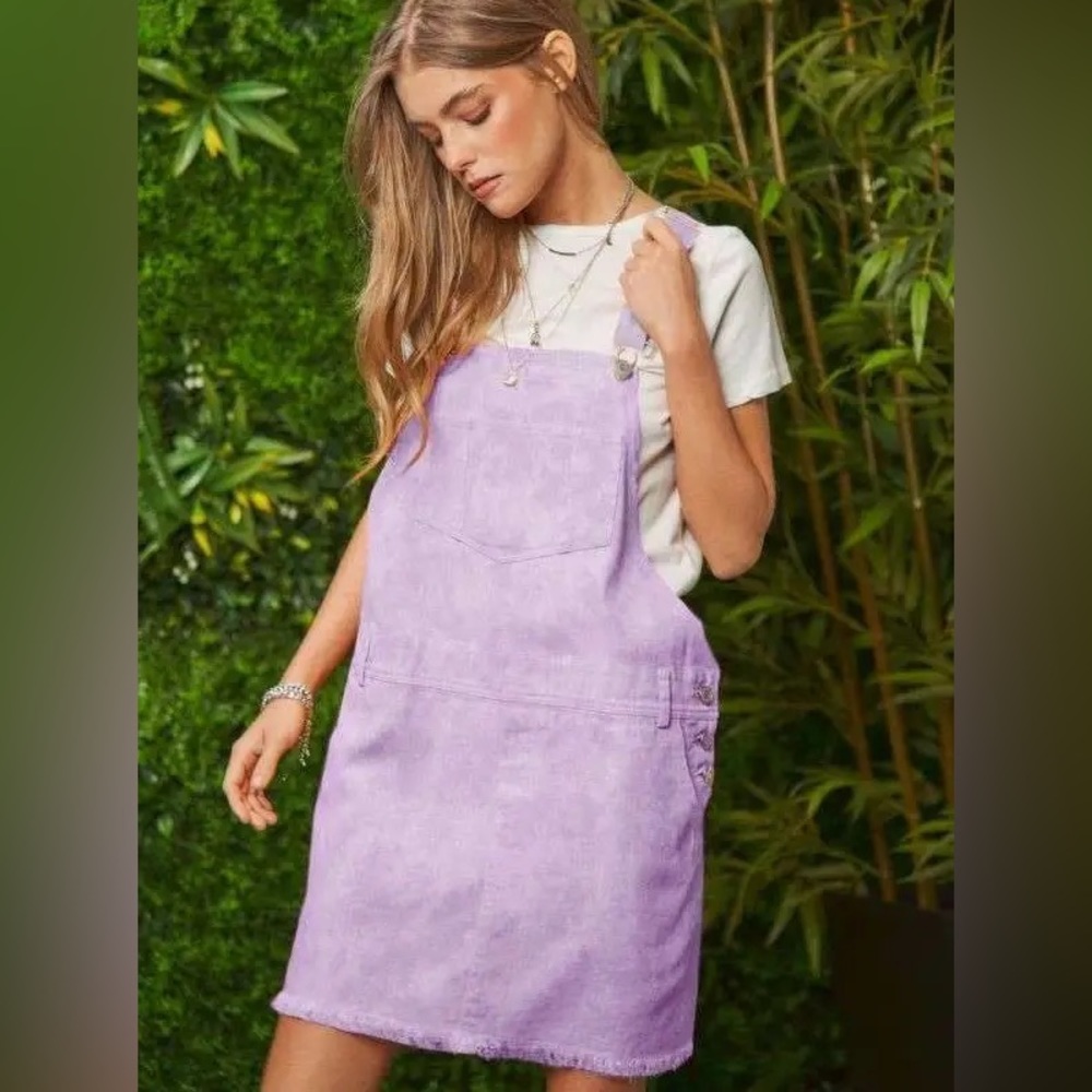 Garment Dyed Pocketed Raw Ham Overall Mini Dress